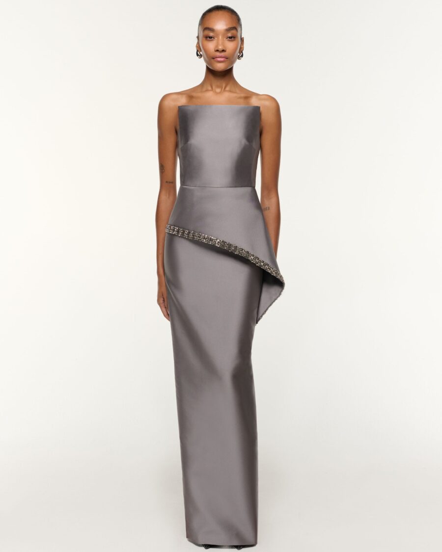 TAFETTA PEPLUM GOWN WITH CRYSTAL TRIMMING