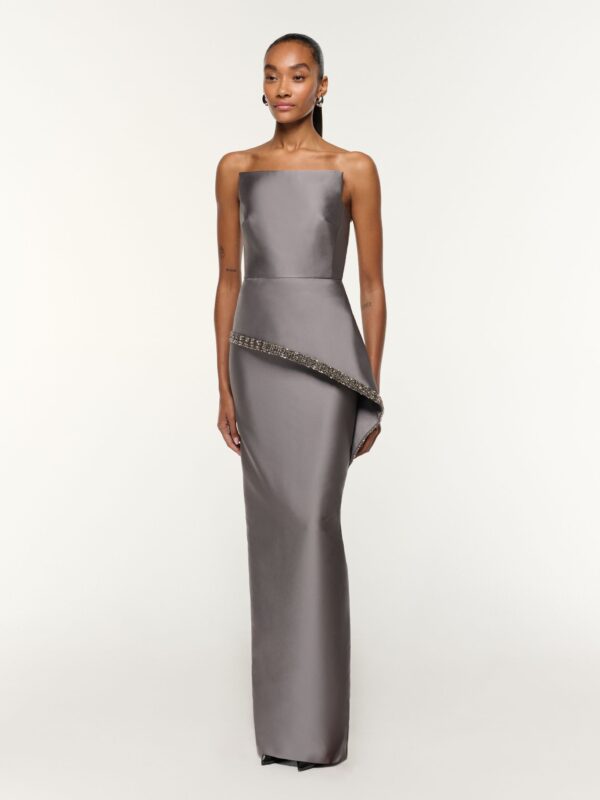 TAFETTA PEPLUM GOWN WITH CRYSTAL TRIMMING
