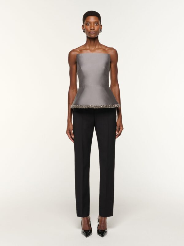 TAFFETA PEPLUM TOP WITH CRYSTAL TRIMMING