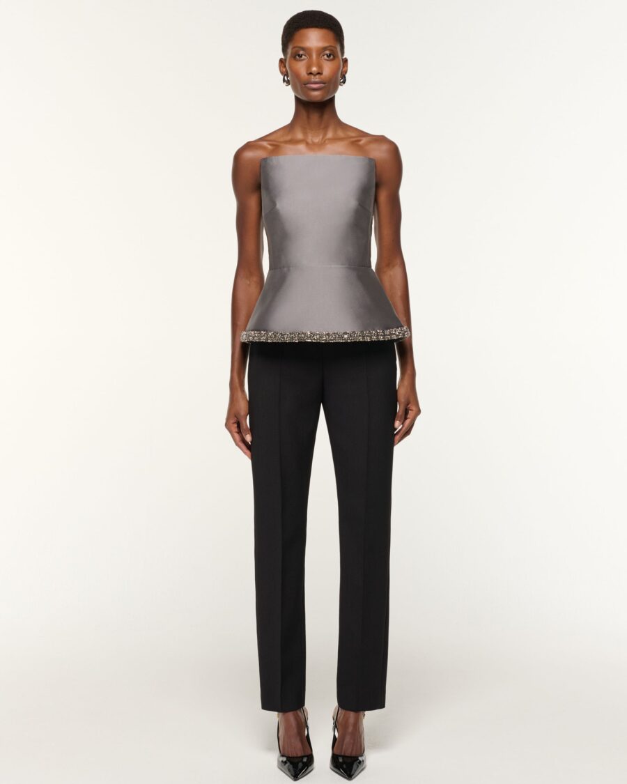 TAFFETA PEPLUM TOP WITH CRYSTAL TRIMMING