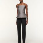 TAFFETA PEPLUM TOP WITH CRYSTAL TRIMMING