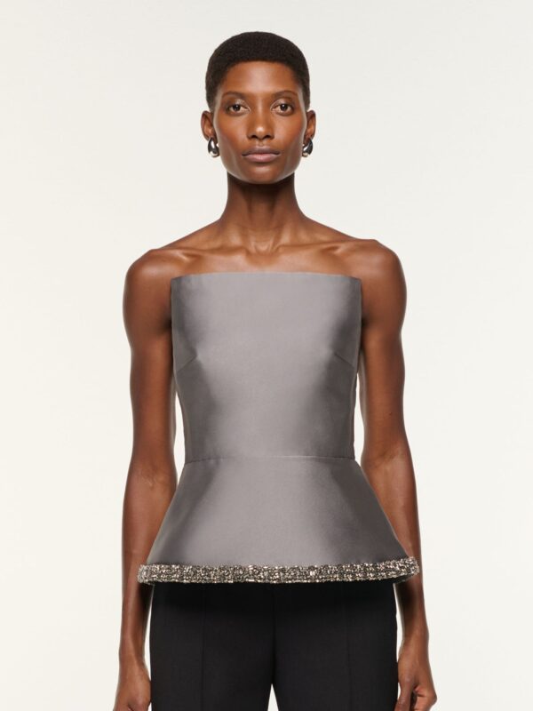 TAFFETA PEPLUM TOP WITH CRYSTAL TRIMMING