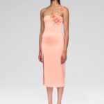 ASYMMETRIC LACE ROSE SATIN MIDI DRESS