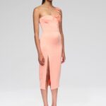 ASYMMETRIC LACE ROSE SATIN MIDI DRESS