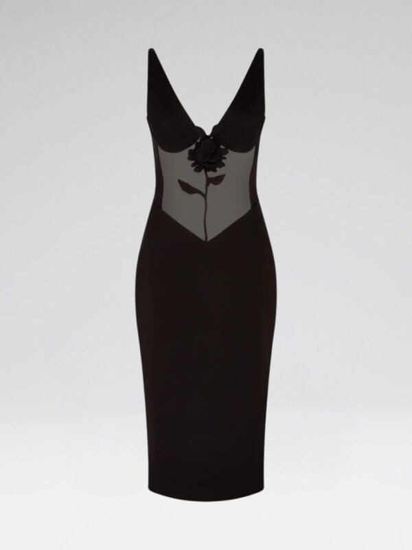 LACE ROSE AND TULLE INSERT MIDI DRESS