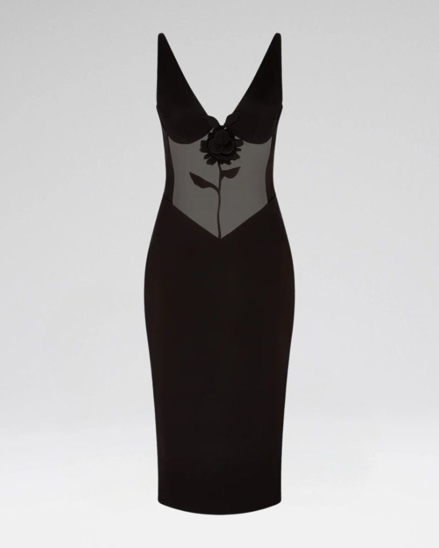 LACE ROSE AND TULLE INSERT MIDI DRESS
