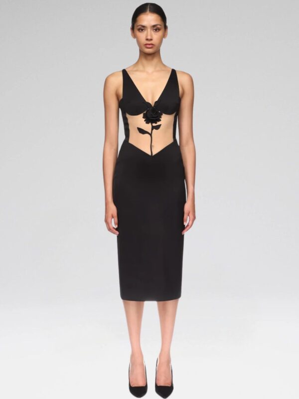 LACE ROSE AND TULLE INSERT MIDI DRESS