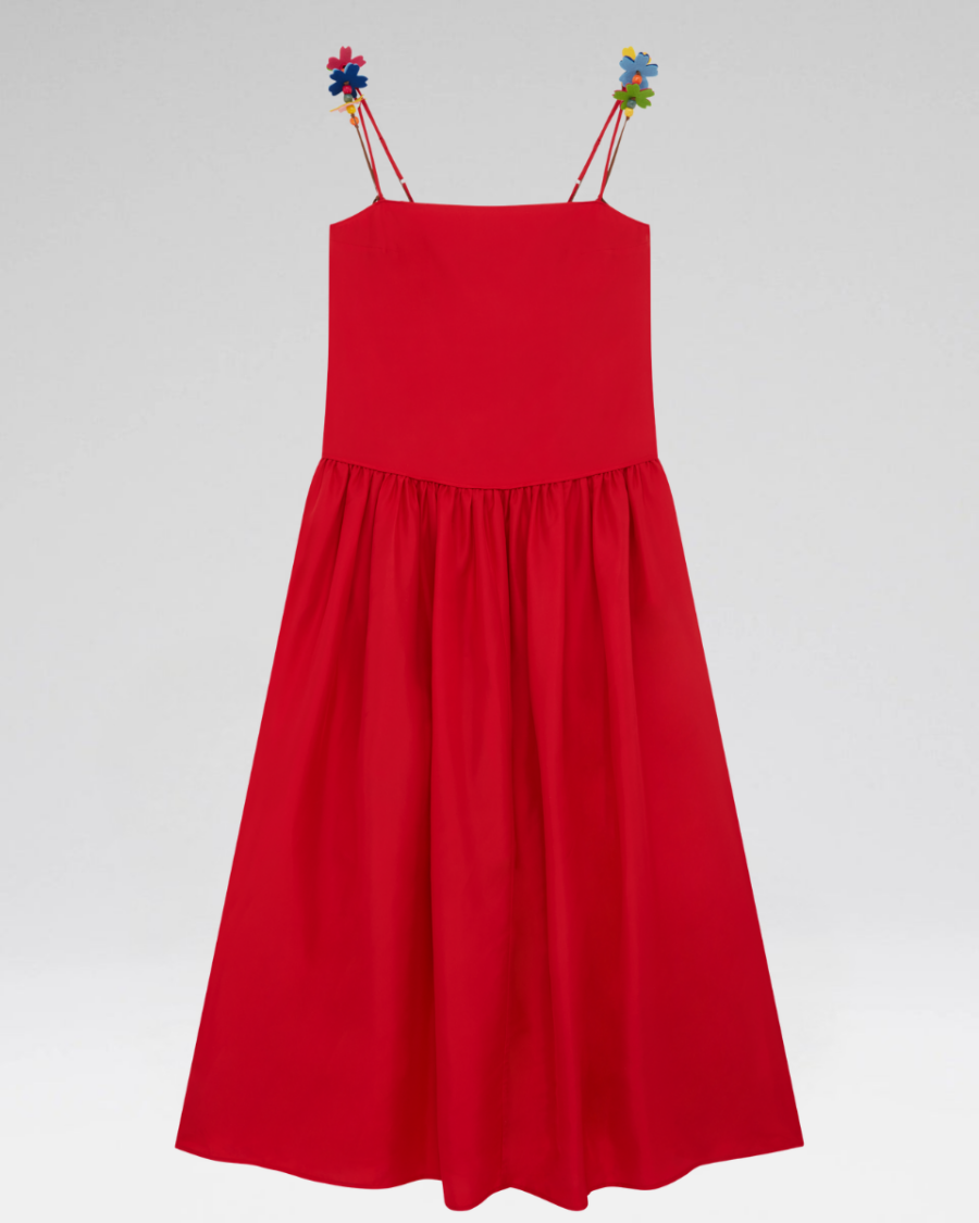 FLOWER STRAPS SILK MAXI DRESS