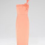 ASYMMETRIC LACE ROSE SATIN MIDI DRESS