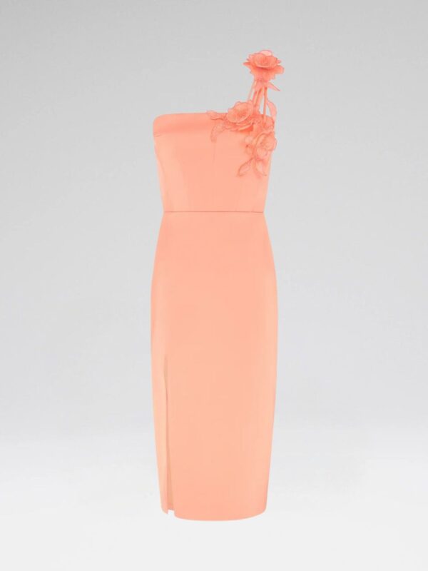ASYMMETRIC LACE ROSE SATIN MIDI DRESS