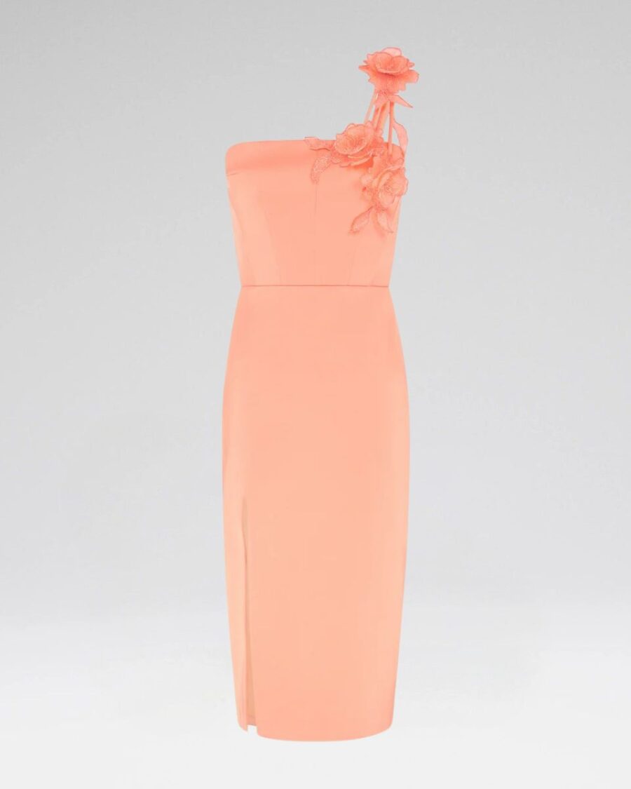 ASYMMETRIC LACE ROSE SATIN MIDI DRESS