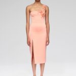 ASYMMETRIC LACE ROSE SATIN MIDI DRESS
