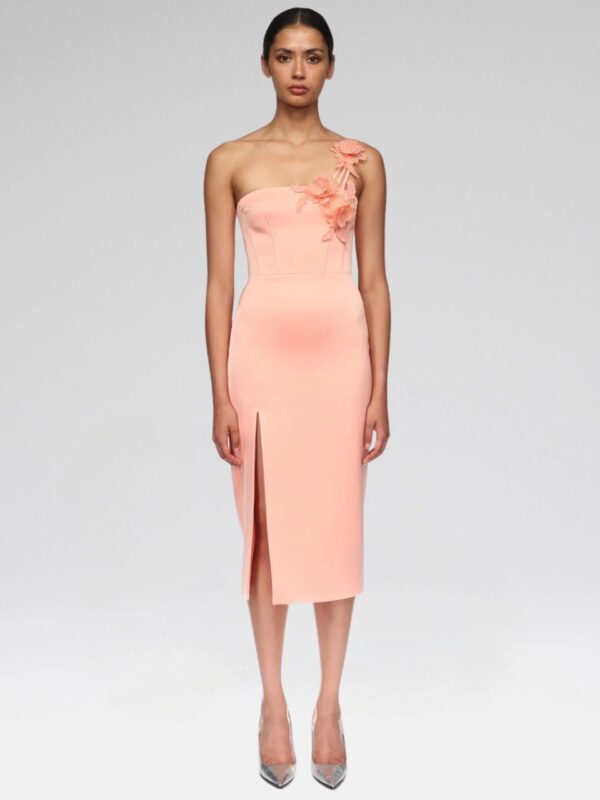ASYMMETRIC LACE ROSE SATIN MIDI DRESS