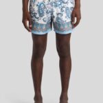 SWIM SHORTS WITH PLACED LEAFY PAISLEY PRINT