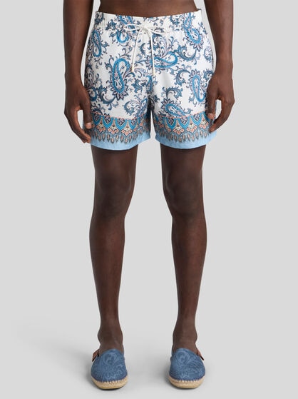 SWIM SHORTS WITH PLACED LEAFY PAISLEY PRINT
