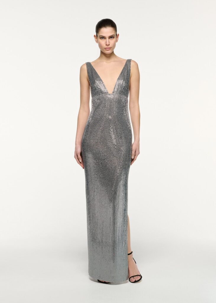 DEEP PLUNGE DIAMANTE GOWN - Helga Design