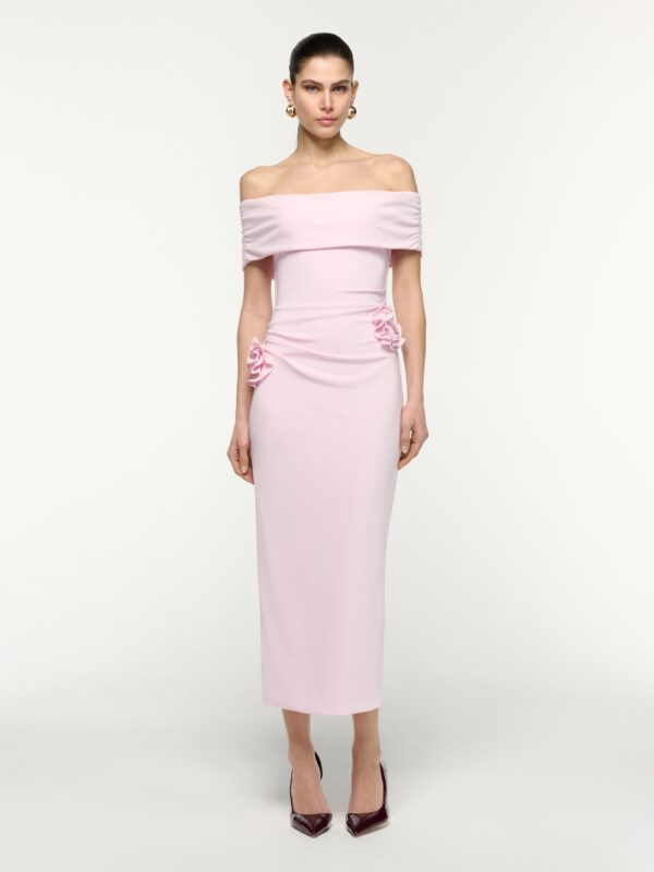 OFF THE SHOULDER FLOWER APPLIQUE MIDI DRESS