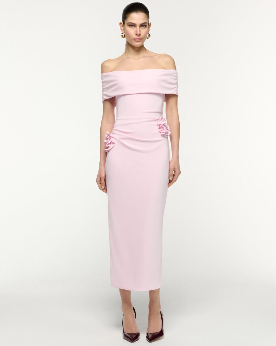 OFF THE SHOULDER FLOWER APPLIQUE MIDI DRESS