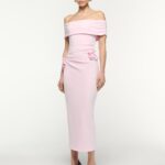 OFF THE SHOULDER FLOWER APPLIQUE MIDI DRESS