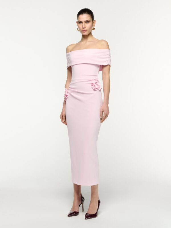 OFF THE SHOULDER FLOWER APPLIQUE MIDI DRESS
