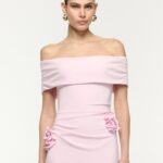 OFF THE SHOULDER FLOWER APPLIQUE MIDI DRESS