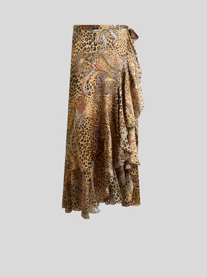 PEAU D'ANGE SILK MIDI WRAP SKIRT WITH PAISLEY AND ANIMAL MOTIF