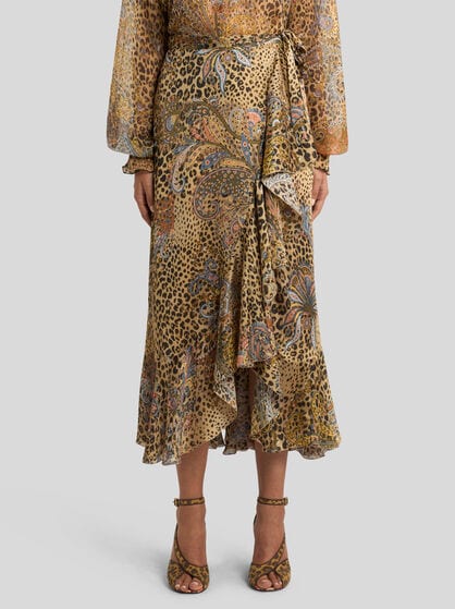 PEAU D'ANGE SILK MIDI WRAP SKIRT WITH PAISLEY AND ANIMAL MOTIF