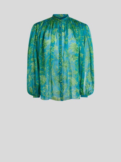 SILK SHIRT WITH GATHERING AND FLORAL MOTIF