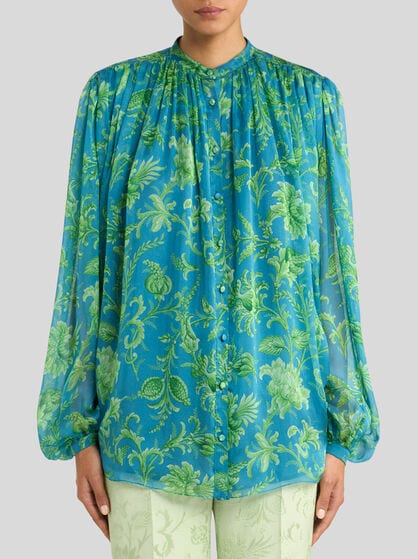 SILK SHIRT WITH GATHERING AND FLORAL MOTIF