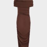 RUCHED OFF THE SHOULDER MIDI DRESS