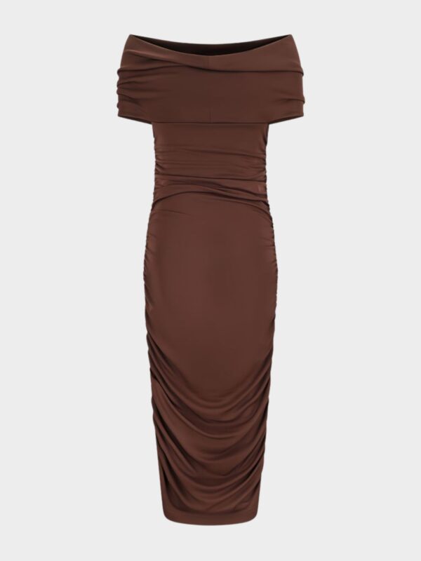 RUCHED OFF THE SHOULDER MIDI DRESS