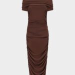 RUCHED OFF THE SHOULDER MIDI DRESS