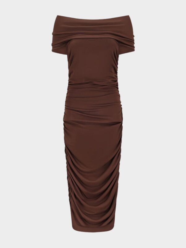 RUCHED OFF THE SHOULDER MIDI DRESS