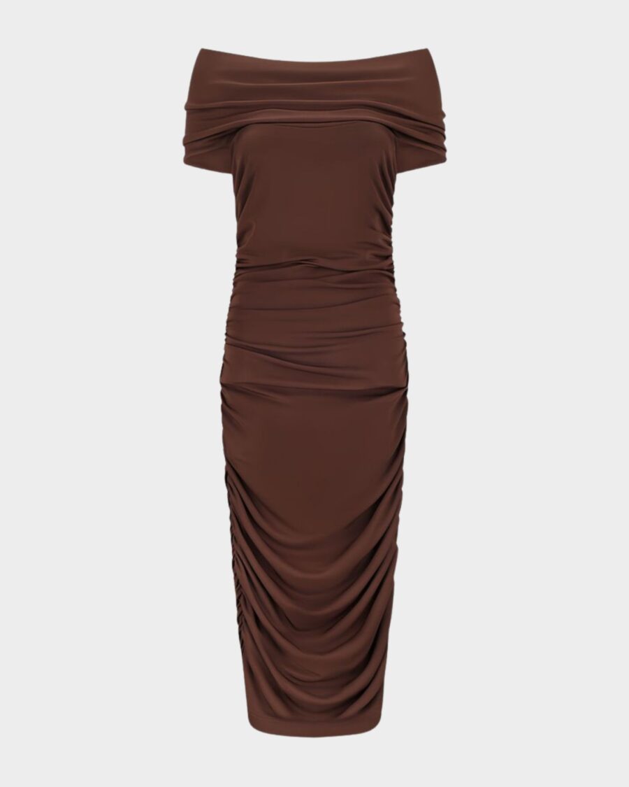 RUCHED OFF THE SHOULDER MIDI DRESS