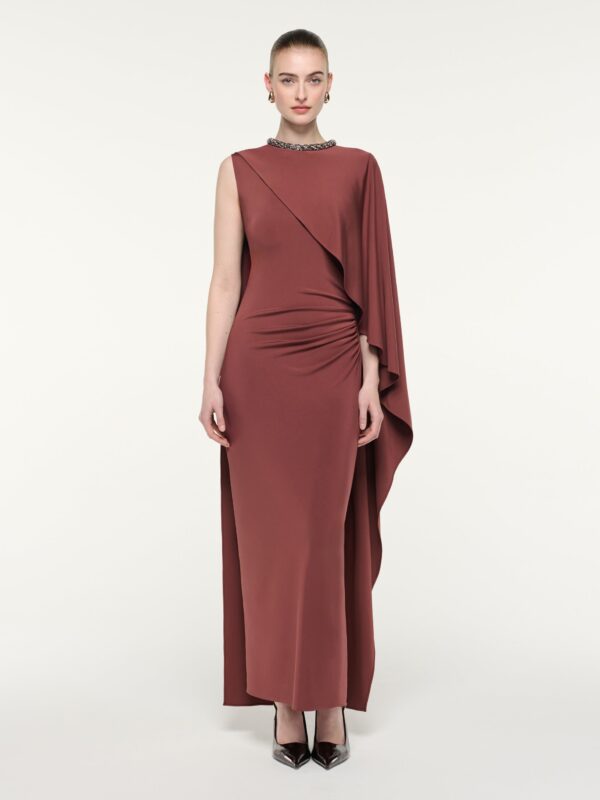 CRYSTAL NECKLINE ASYMMETRIC MAXI DRESS