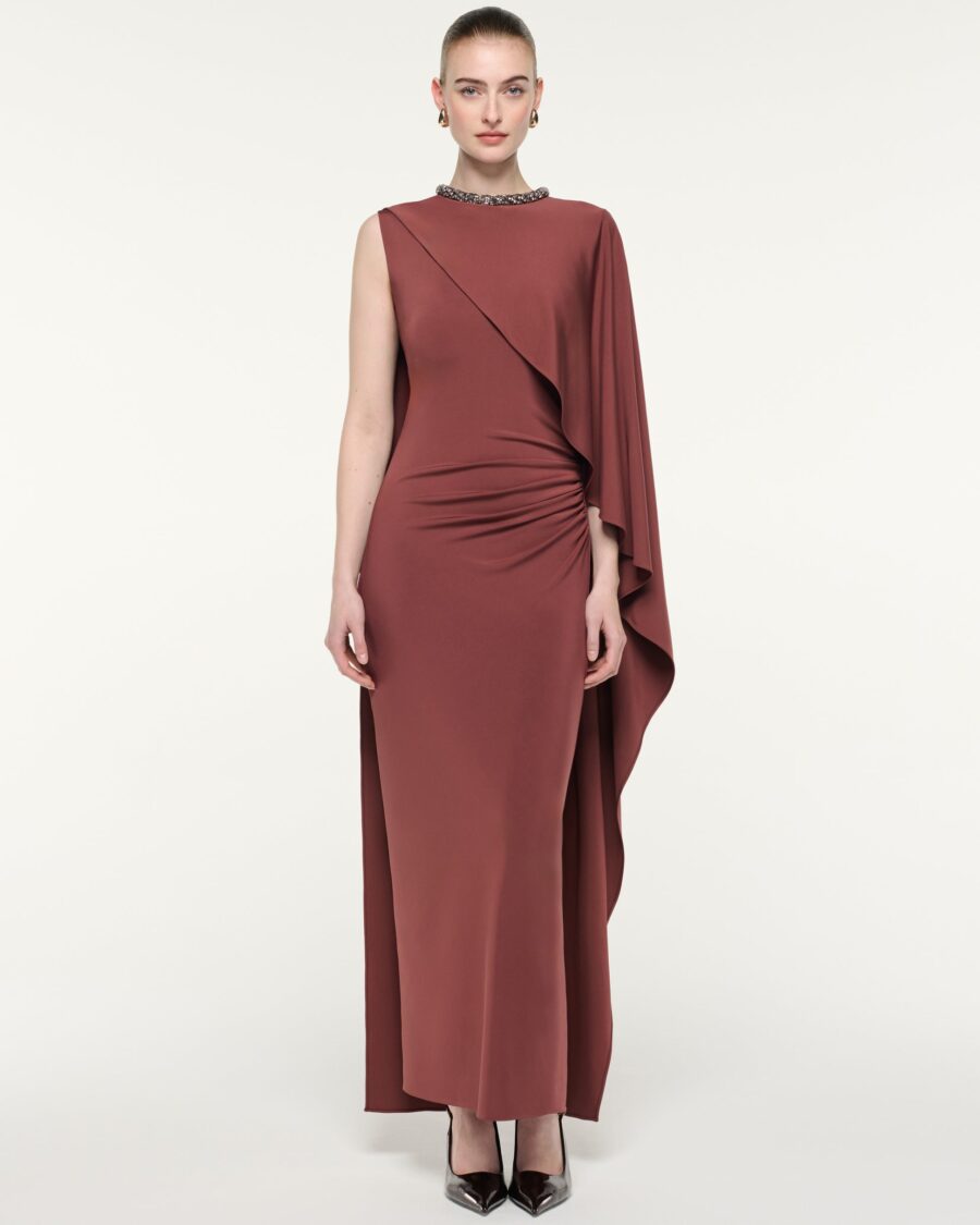 CRYSTAL NECKLINE ASYMMETRIC MAXI DRESS